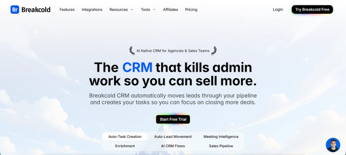 Breakcold CRM website homepage with the headline "The CRM that kills admin work so you can sell more" and a "Start Free Trial" button.