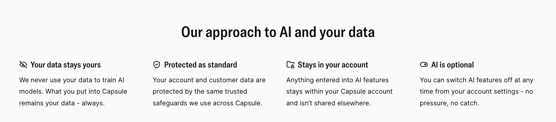 A graphic titled 'Our approach to AI and your data,' outlining policies that user data is not used for AI training, is protected, stays in the account, and AI features are optional.