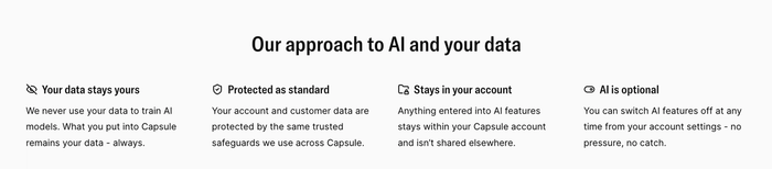 A graphic titled 'Our approach to AI and your data,' outlining policies that user data is not used for AI training, is protected, stays in the account, and AI features are optional.