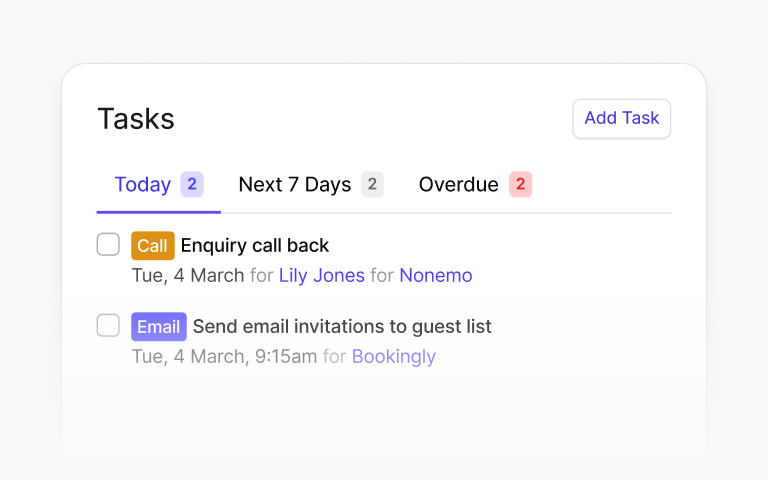 image shows the tasks emails and calls you'll need to send or complete today. you can do all of these things in capsule crm