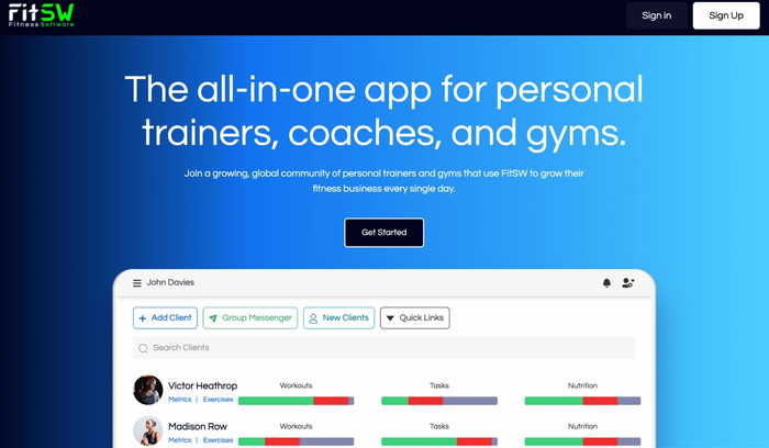 FitSW website landing page featuring the headline 'The all-in-one app for personal trainers, coaches, and gyms' and an example client dashboard.