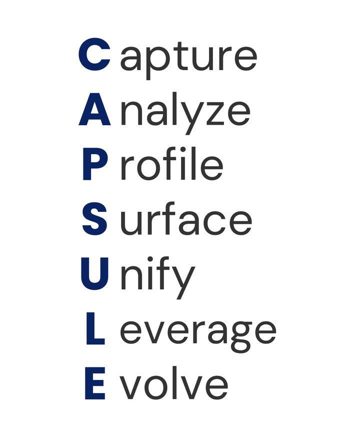 CAPSULE acronym: Capture, Analyze, Profile, Surface, Unify, Leverage, Evolve.
