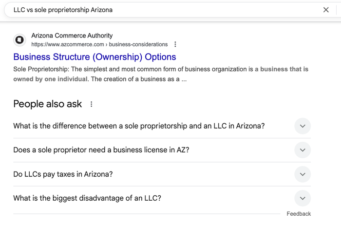 Une recherche Google pour LLC contre entreprise individuelle en Arizona .