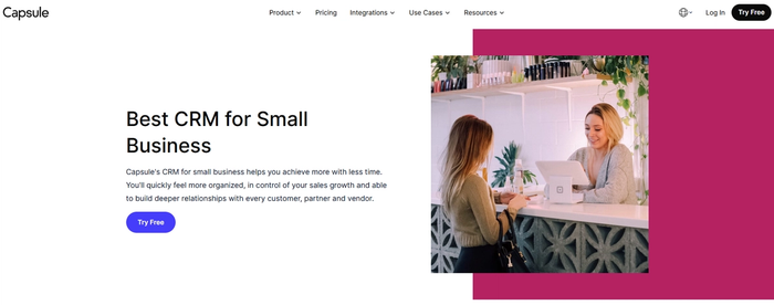 Capsule homepage highlighting it as the best CRM for small business, with a photo of two women at a retail counter and a "Try Free" button.
