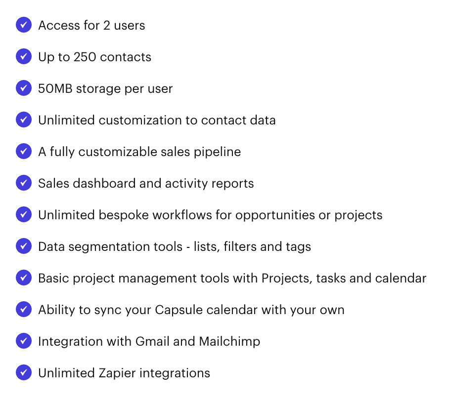 A list of features offered by Capsule CRM's free version