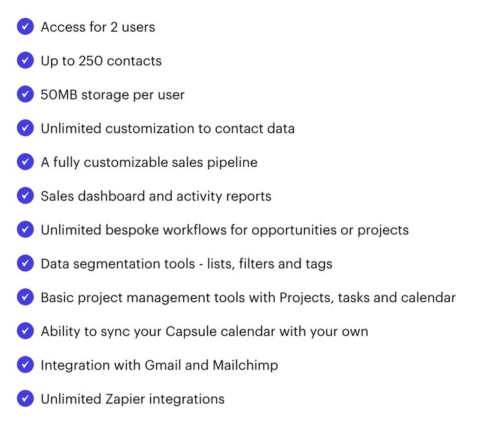 A list of features offered by Capsule CRM's free version