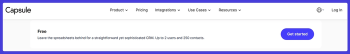 Capsule CRM’s free plan banner stating support for up to 2 users and 250 contacts, with a "Get started" button.