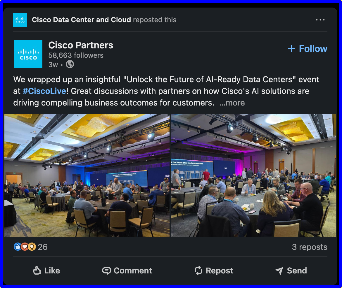LinkedIn post from the Cisco Data Center and Cloud.
