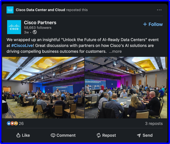 LinkedIn post from the Cisco Data Center and Cloud.