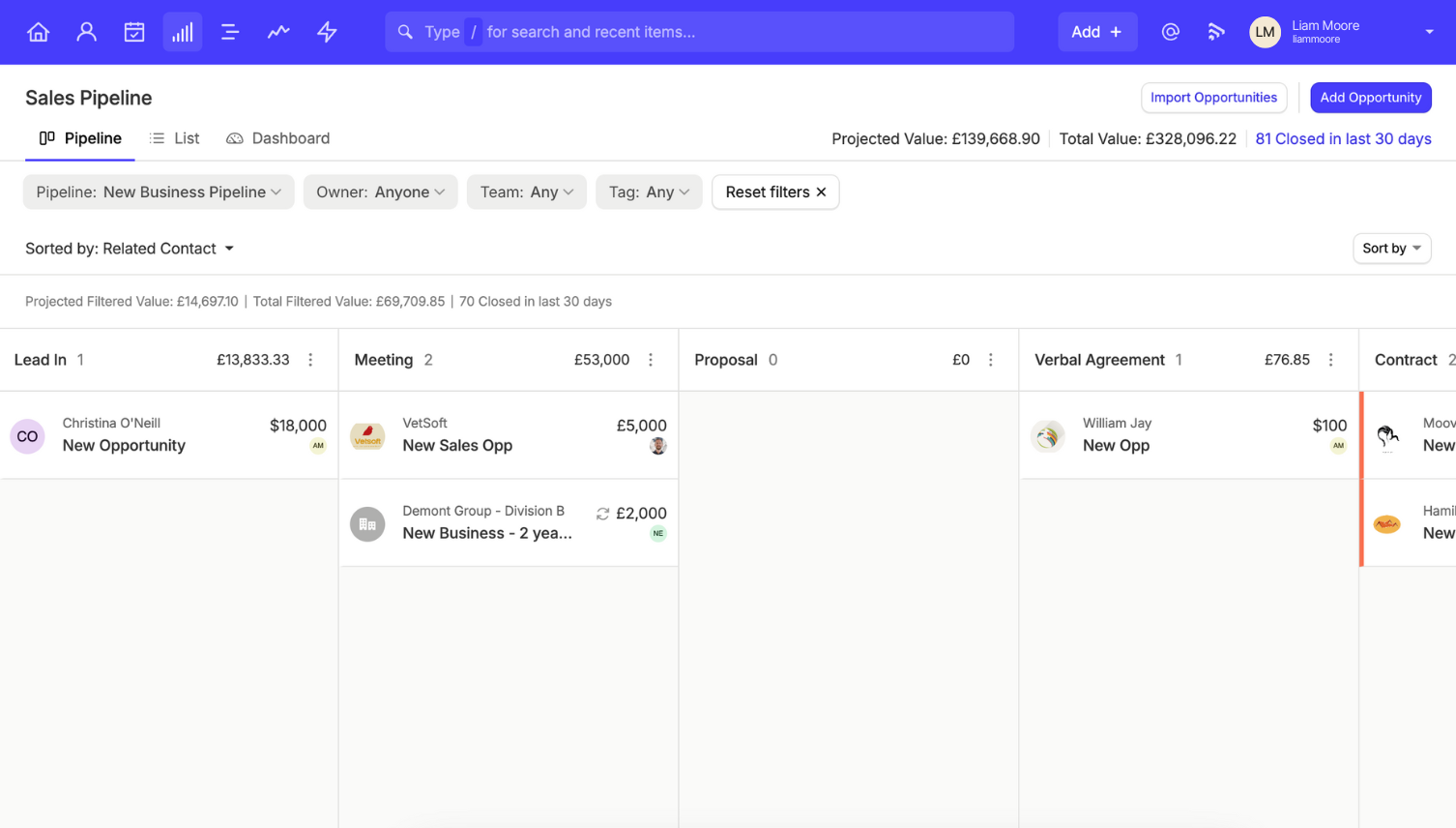 una captura de pantalla de un ejemplo de embudo de ventas con una lista de clientes potenciales en Capsule