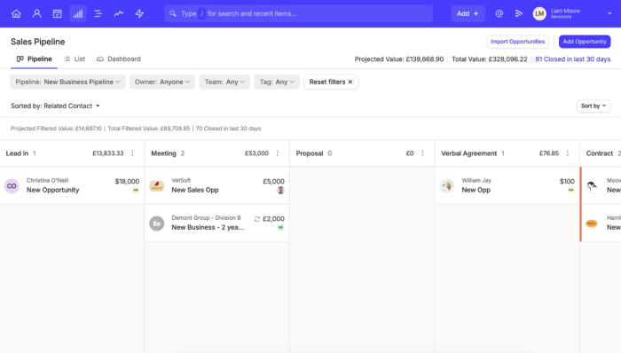 a screenshot of an example sales pipeline with a list of leads in capsule