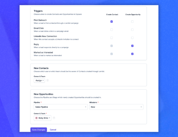 Image shows a screenshot of lemlist settings in the Capsule app