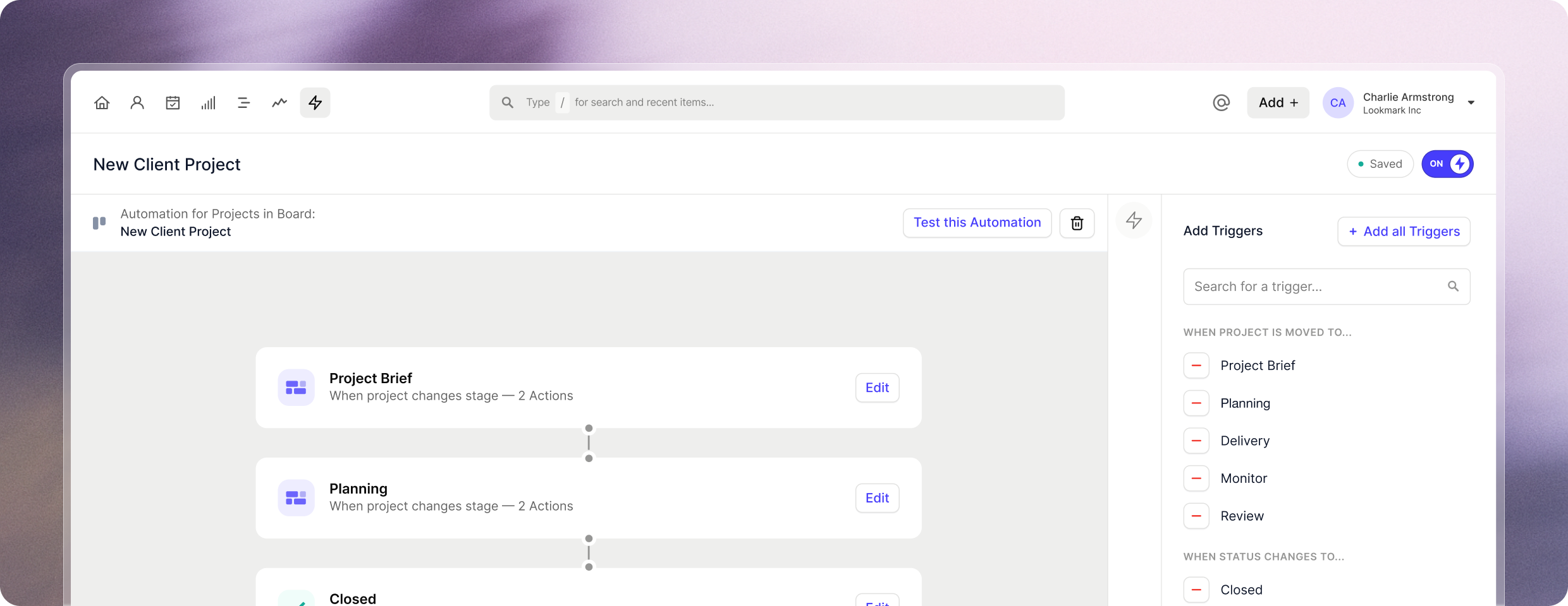 Capsule CRM new client automation workflow showing automated task creation and follow-up setup