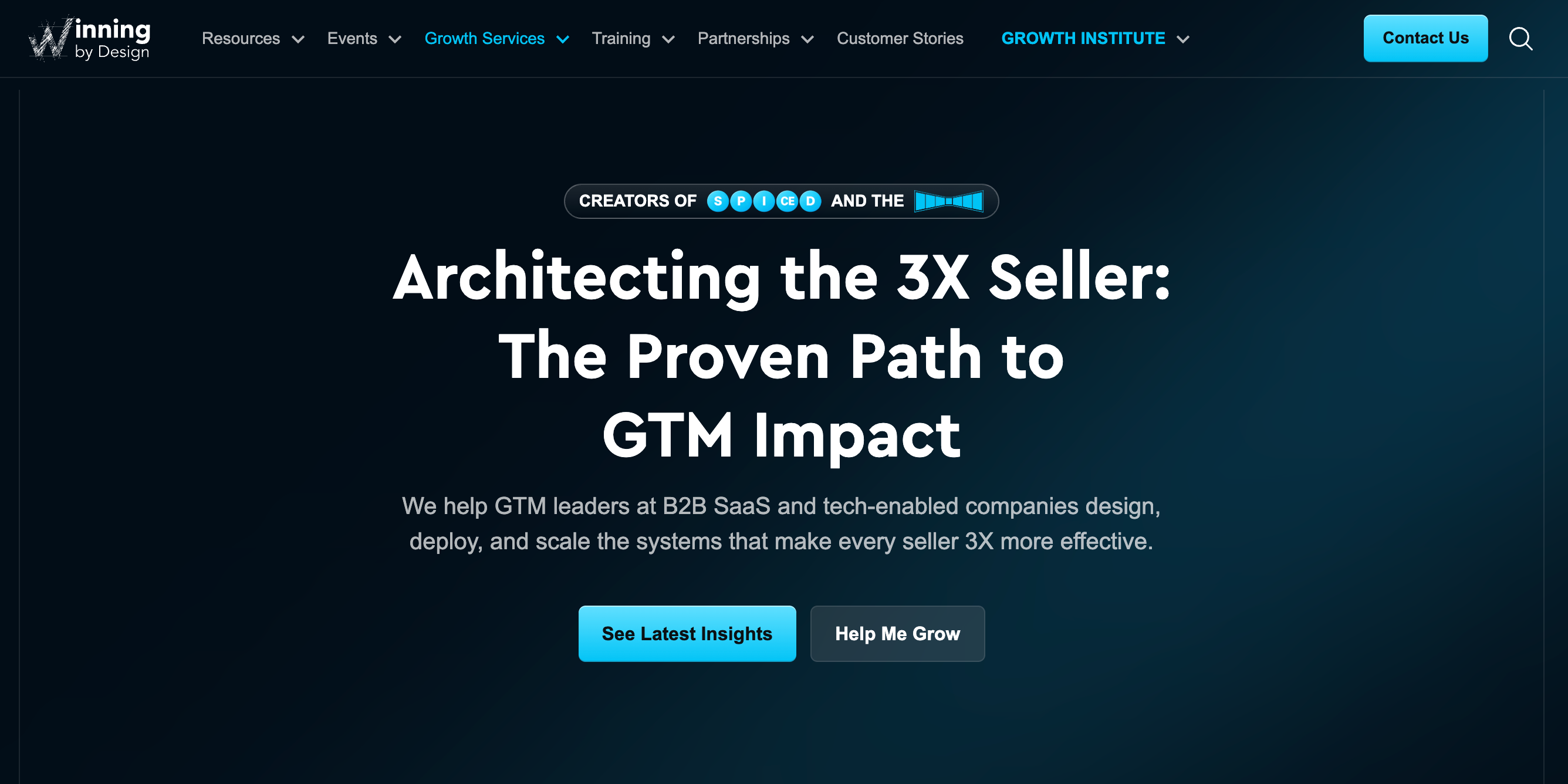 Winning by Design website featuring the headline "Architecting the 3X Seller: The Proven Path to GTM Impact" for B2B SaaS companies.