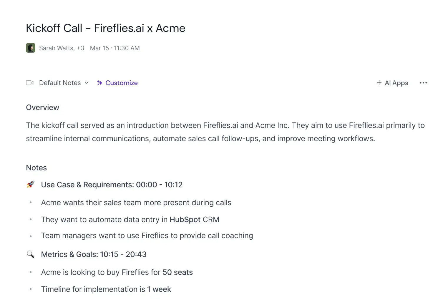 una captura de pantalla de una llamada de inicio entre fireflies.ai y acme inc.