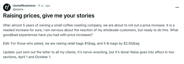 a page that says raising prices give me your stories