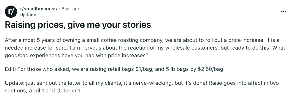 a page that says raising prices give me your stories