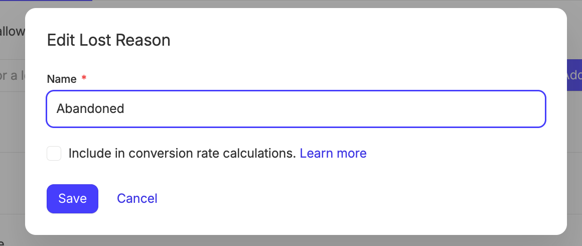Text box for naming a new lost reason