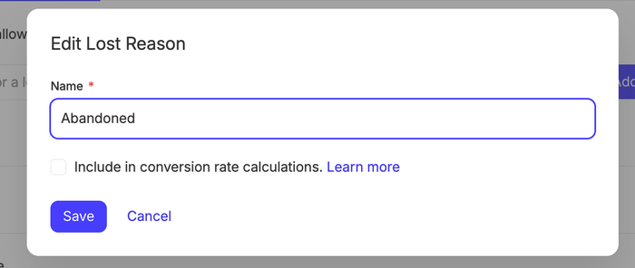 Text box for naming a new lost reason