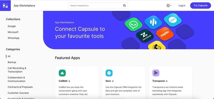Capsule's app marketplace website.