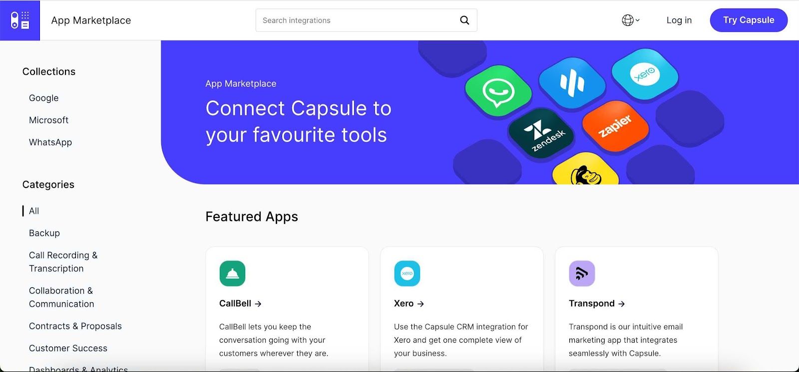 Capsule's app marketplace website.