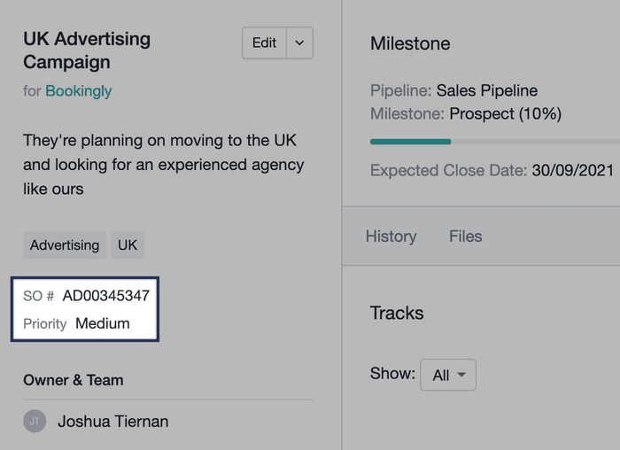Example of a custom field in opportunity set to medium priority
