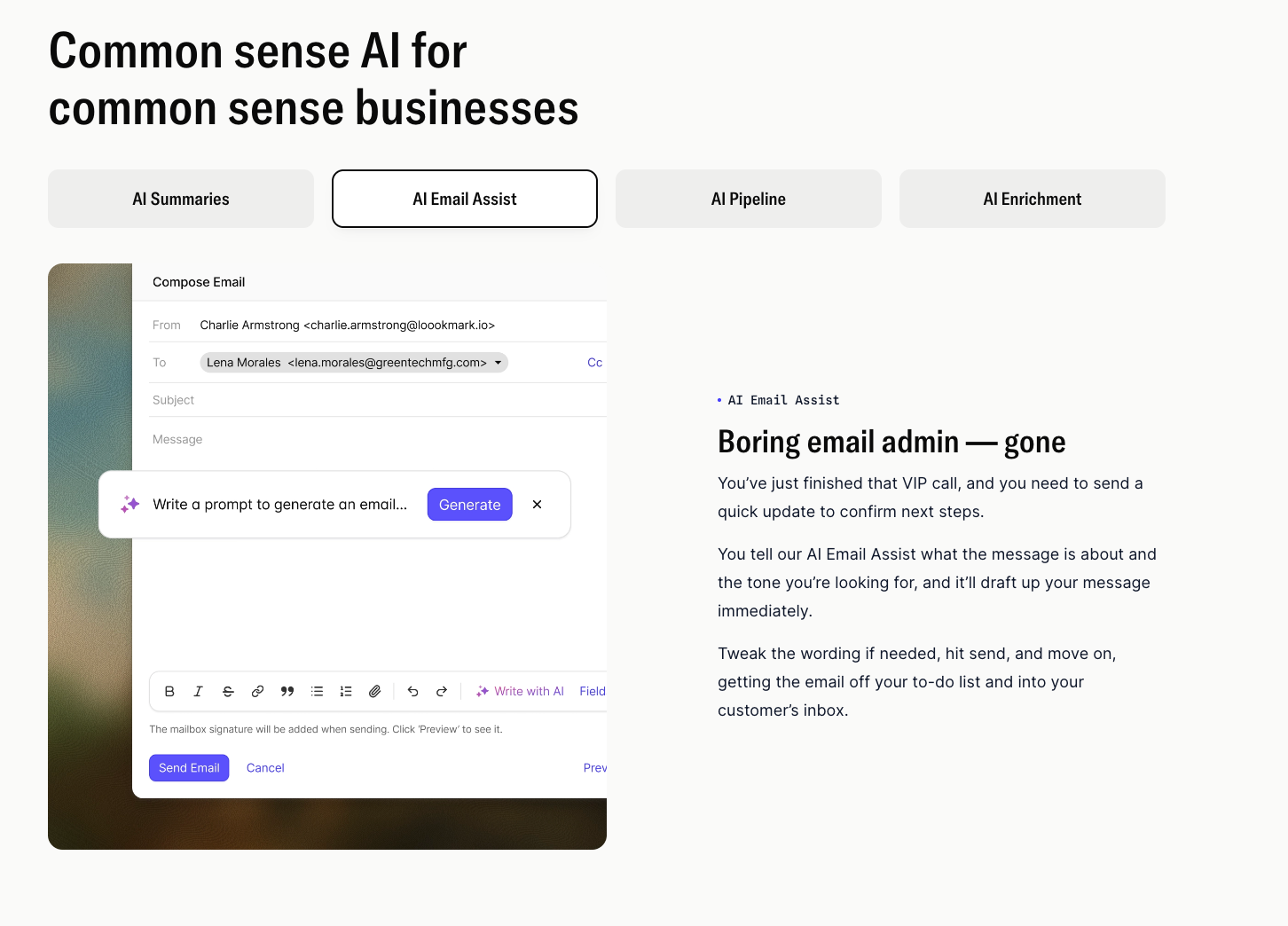 A product page displaying "Common sense AI" with "AI Email Assist" selected, showing an email compose window where users can prompt AI to generate email content, alongside text describing the feature.