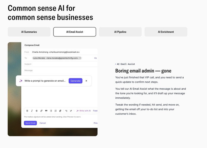 A product page displaying "Common sense AI" with "AI Email Assist" selected, showing an email compose window where users can prompt AI to generate email content, alongside text describing the feature.