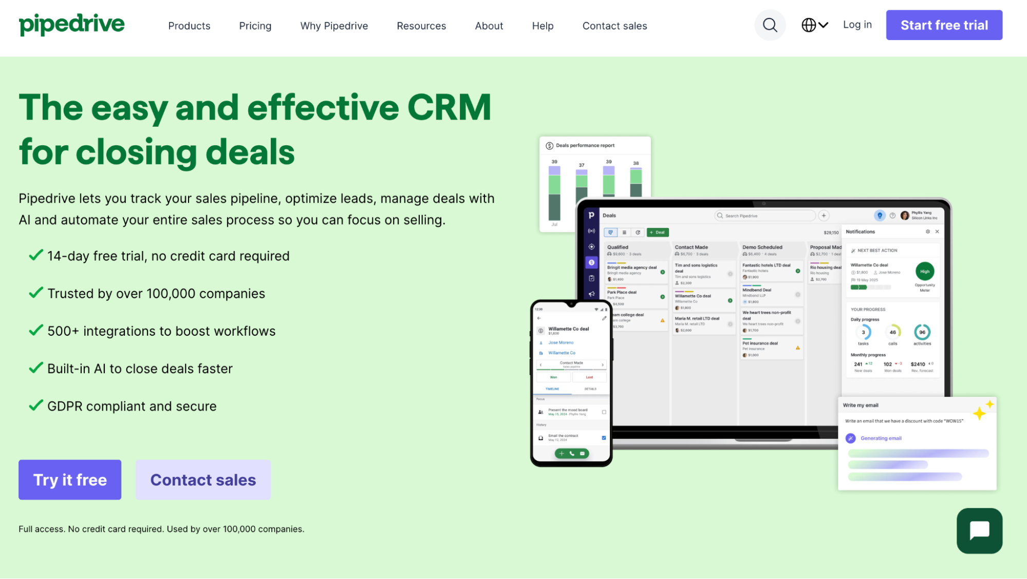 Pipedrive CRM interface displayed on a laptop and smartphone, with the headline 'The easy and effective CRM for closing deals' and a list of key features.