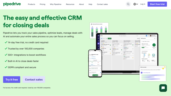 Pipedrive CRM interface displayed on a laptop and smartphone, with the headline 'The easy and effective CRM for closing deals' and a list of key features.
