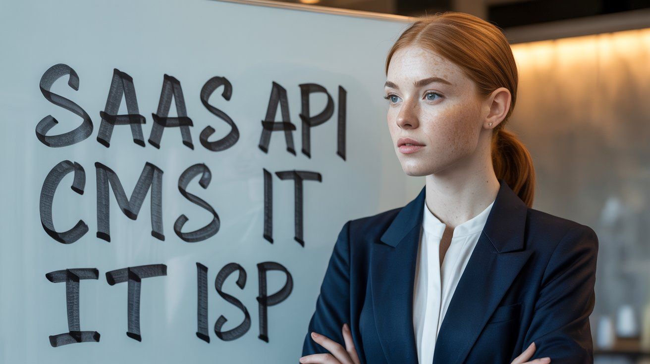 A professional woman in a blazer stands beside a whiteboard with tech acronyms like SAAS, API, CMS, and ISP.