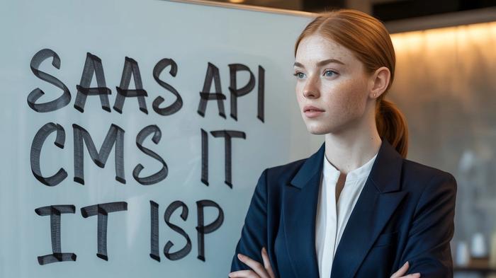 A professional woman in a blazer stands beside a whiteboard with tech acronyms like SAAS, API, CMS, and ISP.