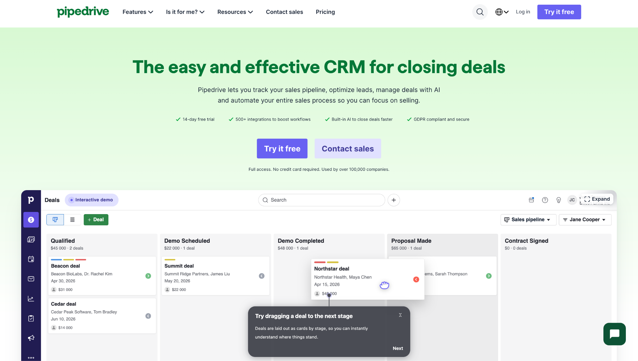 Pipedrive CRM website showing a sales pipeline interface with deals organized by stages.