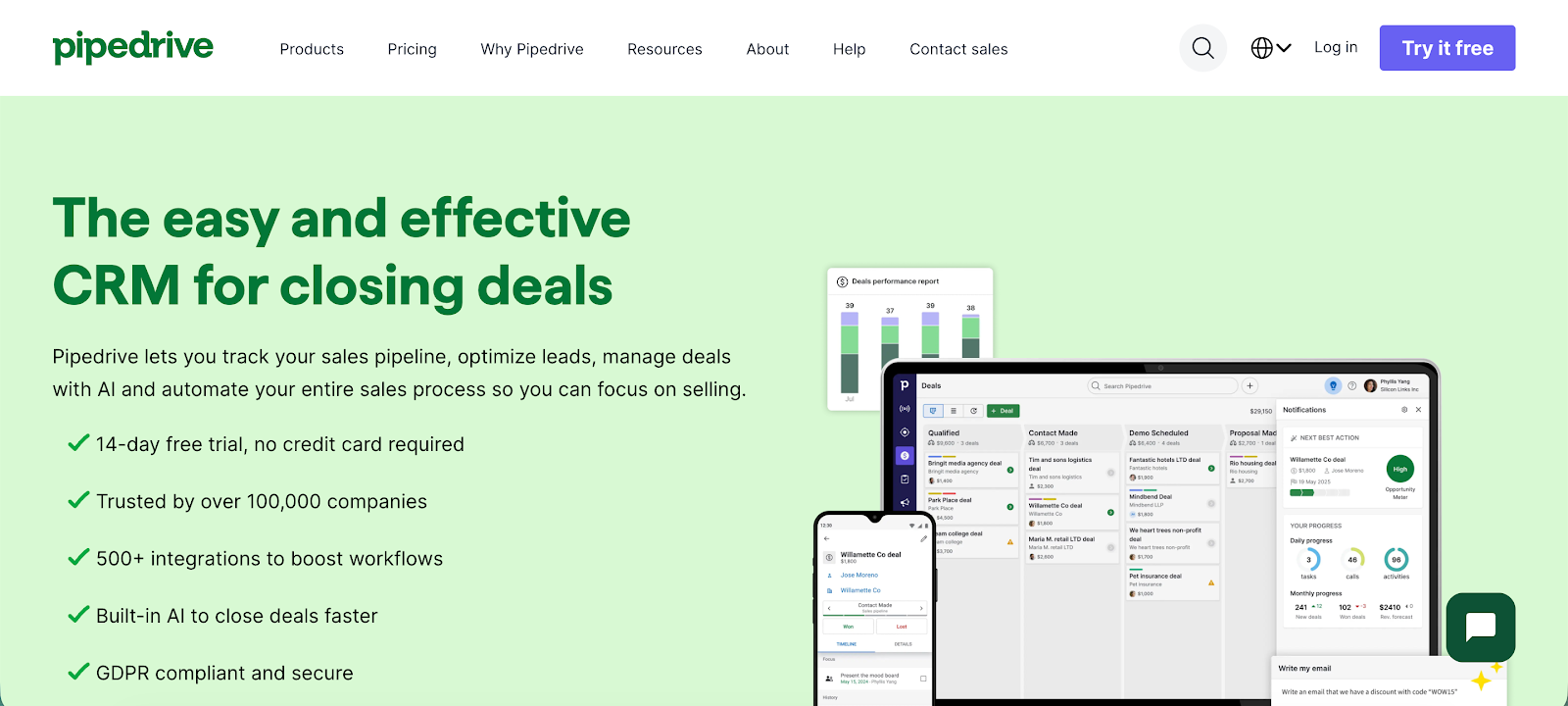 Pipedrive CRM website showing its software interface on a laptop and mobile phone, with the headline "The easy and effective CRM for closing deals."