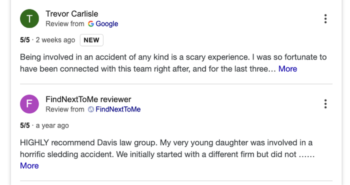 Two five-star customer reviews praising Davis Law Group, one noting help after a scary accident, another recommending them after a sledding incident.
