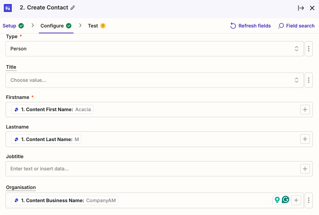 showing the create contact fields for partnerstack in zapier