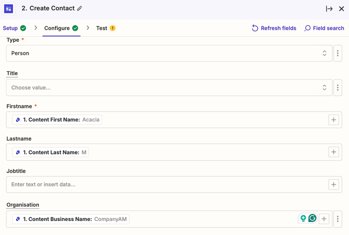 showing the create contact fields for partnerstack in zapier