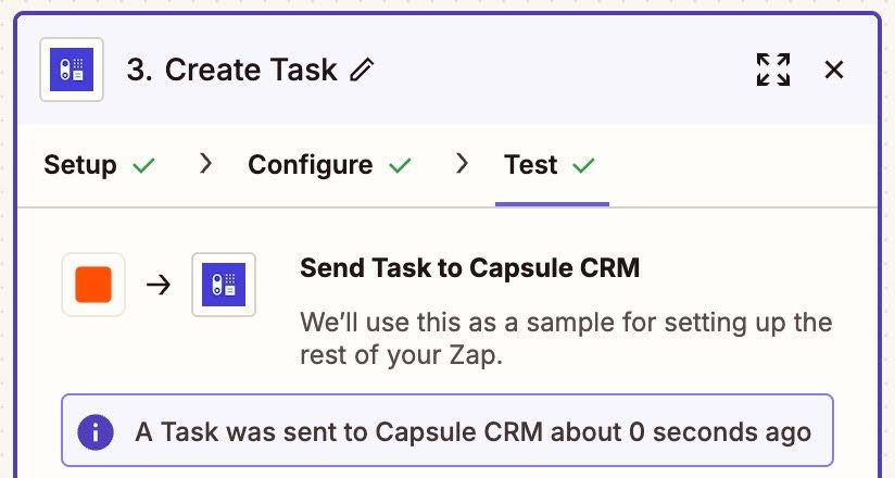 teste bem-sucedido para criar etapa de tarefa no zapier