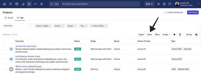 Bulk close button highlighted in project list view