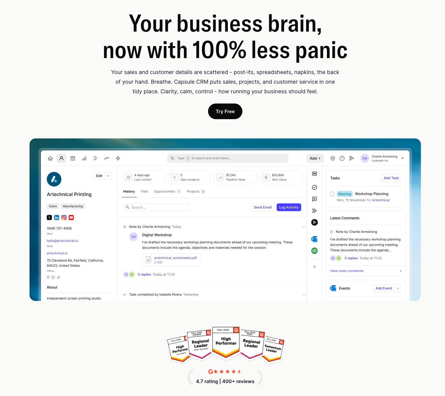 Capsule CRM dashboard showing client management, tasks, notes, awards, and a 4.7-star rating, promising less business panic.