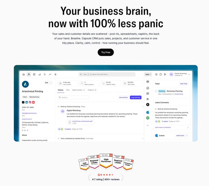 Capsule CRM dashboard showing client management, tasks, notes, awards, and a 4.7-star rating, promising less business panic.