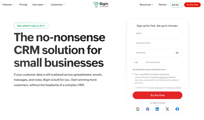 Bigin by Zoho CRM landing page offering "The no-nonsense CRM solution for small businesses" with a free sign-up form.