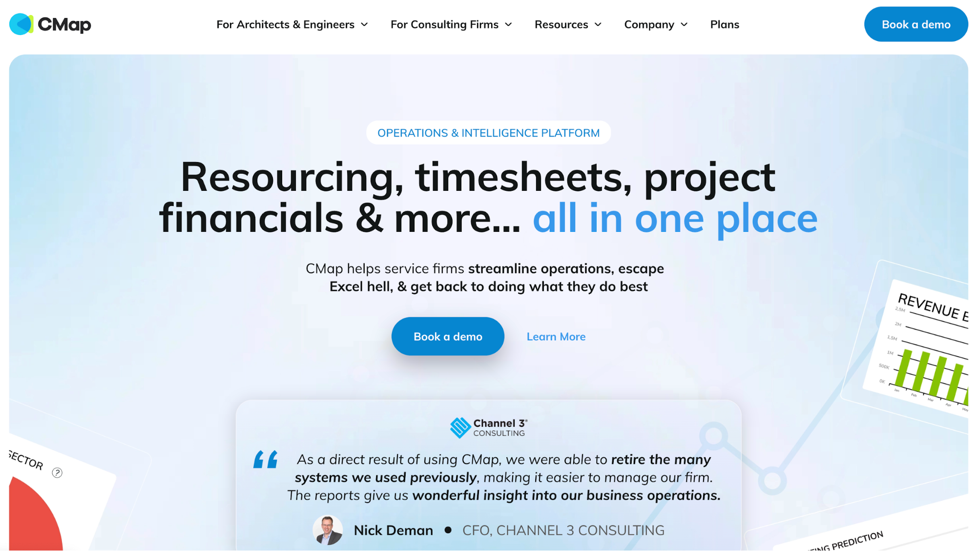 CMap website homepage featuring its operations and intelligence platform, headlined "Resourcing, timesheets, project financials & more... all in one place," and a customer testimonial.
