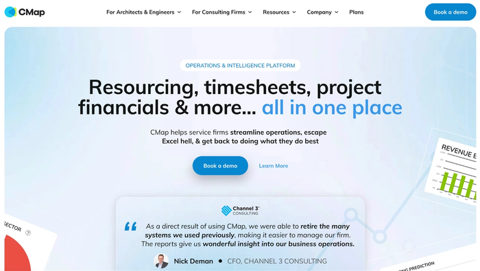 CMap website homepage featuring its operations and intelligence platform, headlined "Resourcing, timesheets, project financials & more... all in one place," and a customer testimonial.