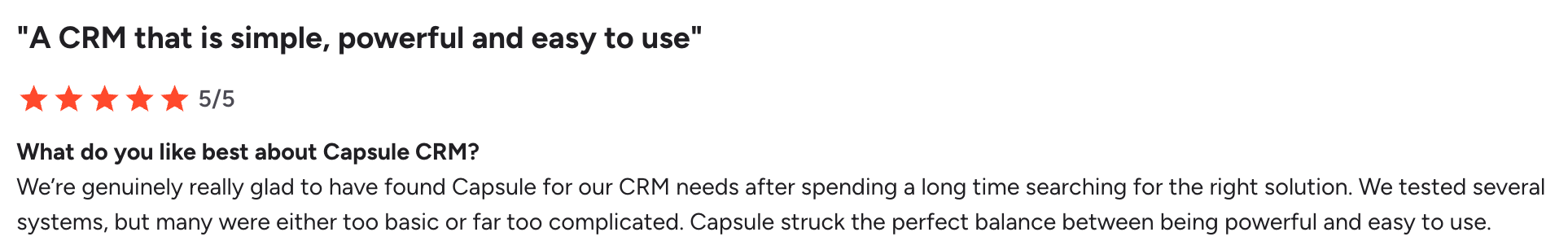 A 5/5 star customer review for Capsule CRM, headlined "A CRM that is simple, powerful and easy to use".
