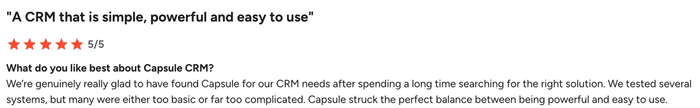 A 5/5 star customer review for Capsule CRM, headlined "A CRM that is simple, powerful and easy to use".