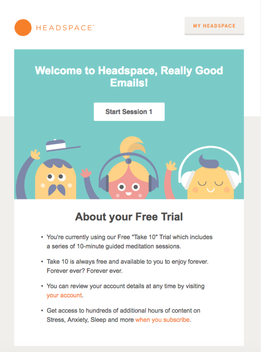 Headspace welcome email with free trial details.