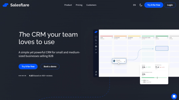 Salesflare CRM website interface showcasing a sales pipeline and revenue metrics.