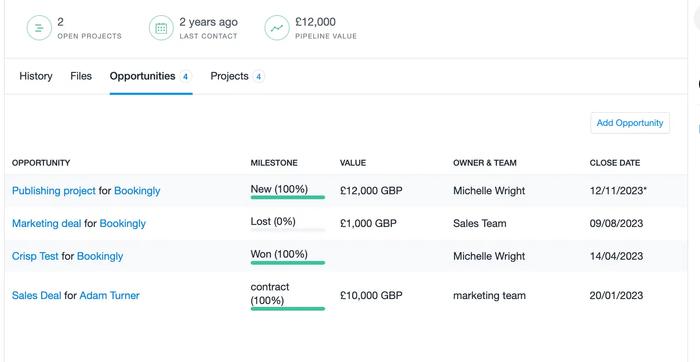a screenshot of a dashboard showing a list of projects and opportunities .