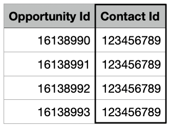 showing the spreadsheet columns for updating the primary contact using the ID
